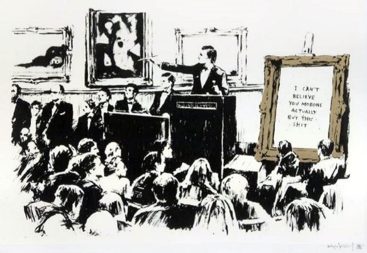 Image: Morons (White & Gold), 2006 by Banksy, is a great example of Banksy art sold at the Julian Auctions